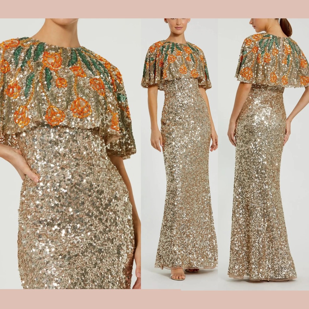 NWT MAC DUGGAL [ 16‎ ] 6120 Embellished Gown With Floral Beaded Shawl Gold S1977